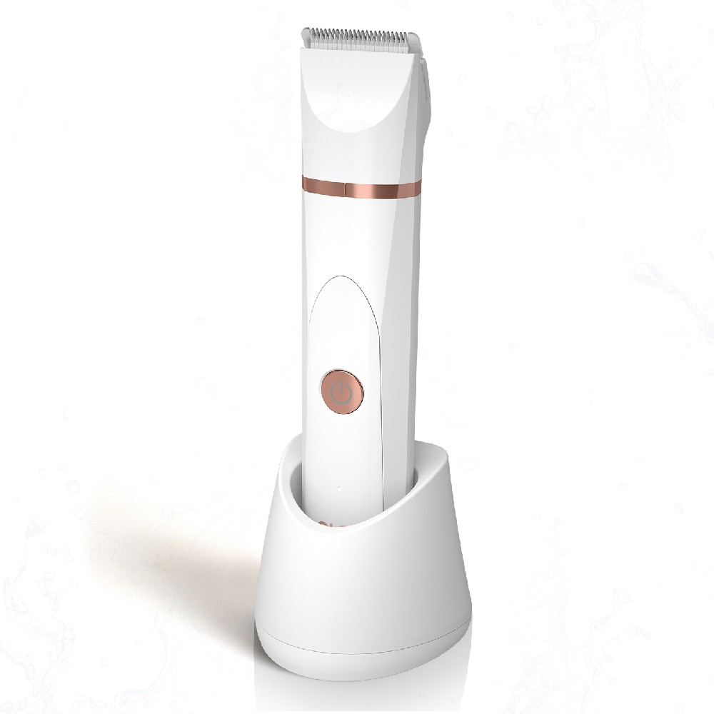 Electric Body Hair Trimmer - Groin Trimmer for Men - Bikini Trimmer Women - Wet/Dry Shaver Groomer, Replaceable Ceramic Blade Heads, USB Recharge Dock, Waterproof Hygiene Razor, White